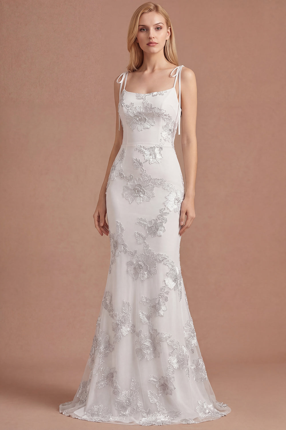 Light Blue Floral Appliqued Spaghetti Straps Mermaid Long Prom Dress