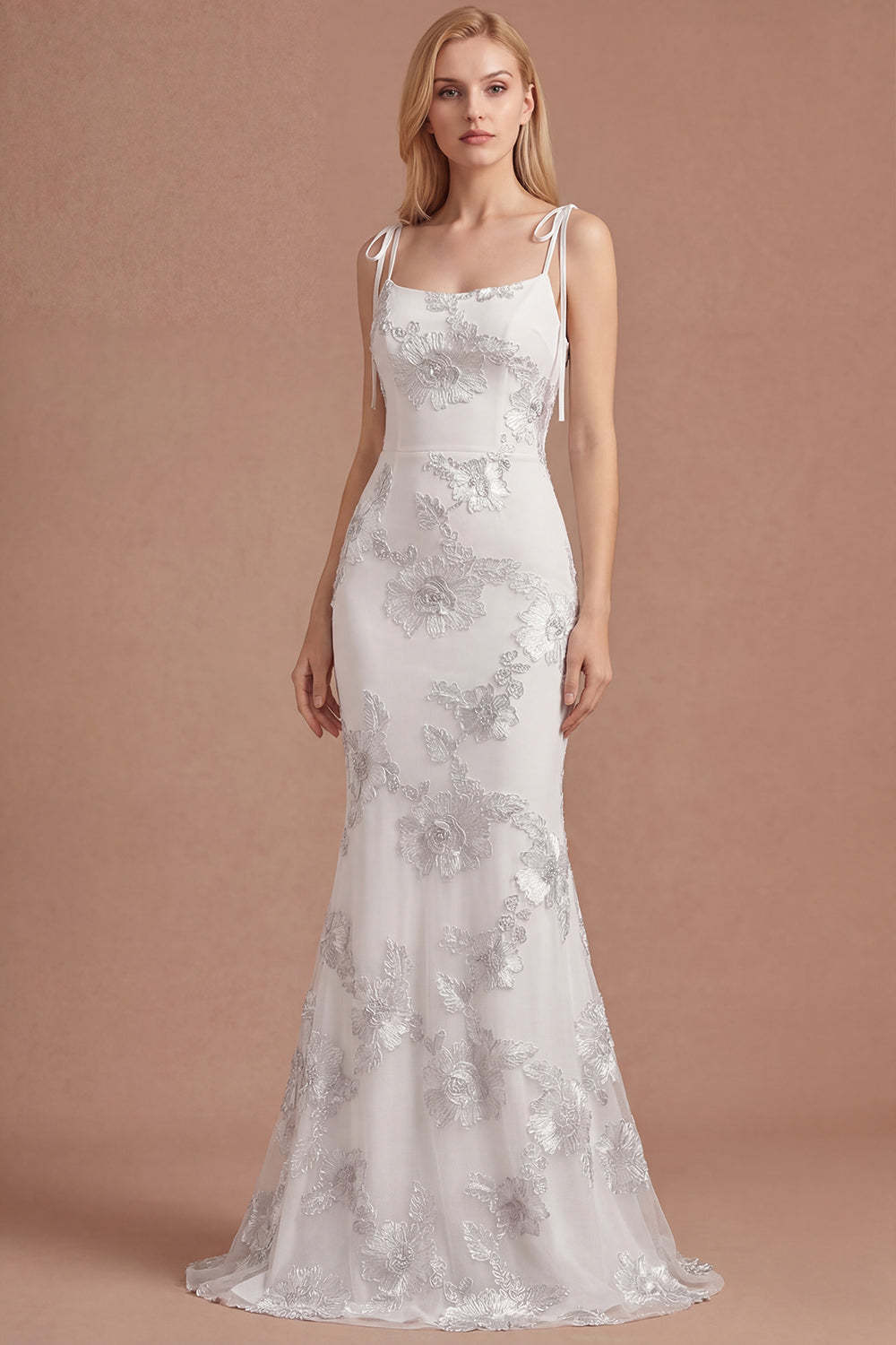 Light Blue Floral Appliqued Spaghetti Straps Mermaid Long Prom Dress