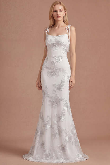 Light Blue Floral Appliqued Spaghetti Straps Mermaid Long Prom Dress