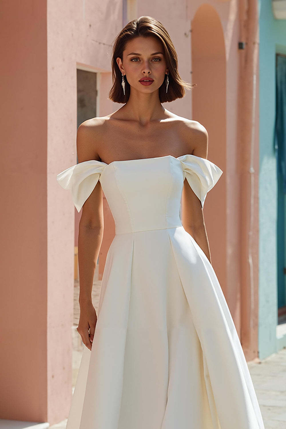 White Off the Shoulder Satin A Line Midi Engagement Dress