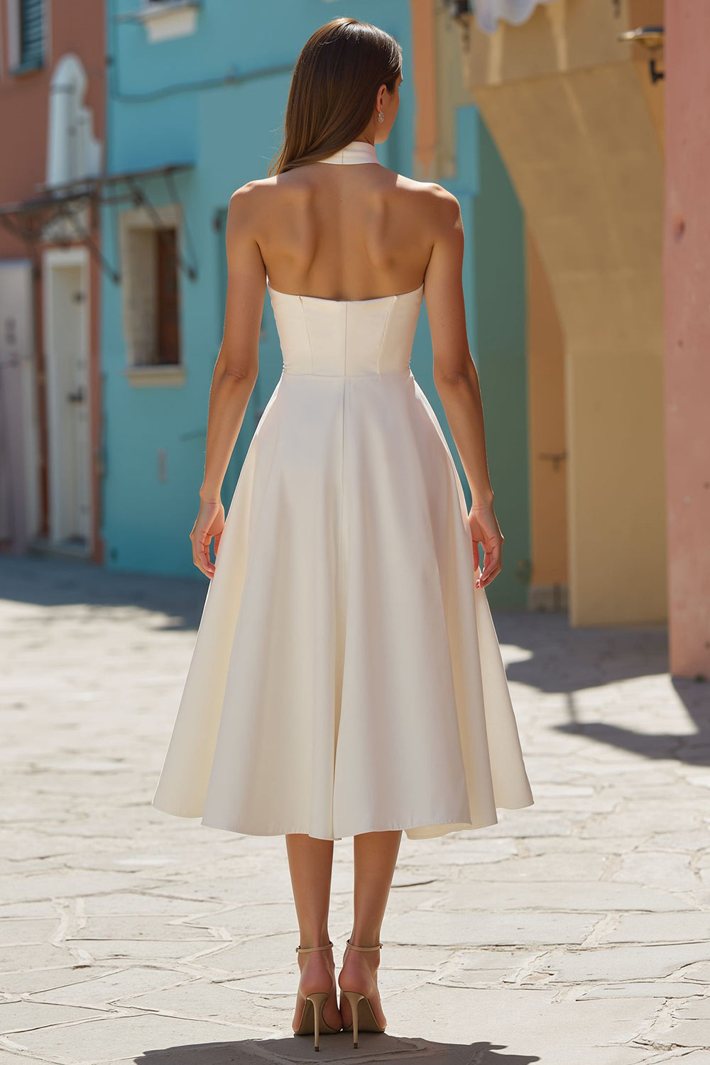 White Satin A Line Halter Midi Engagement Dress