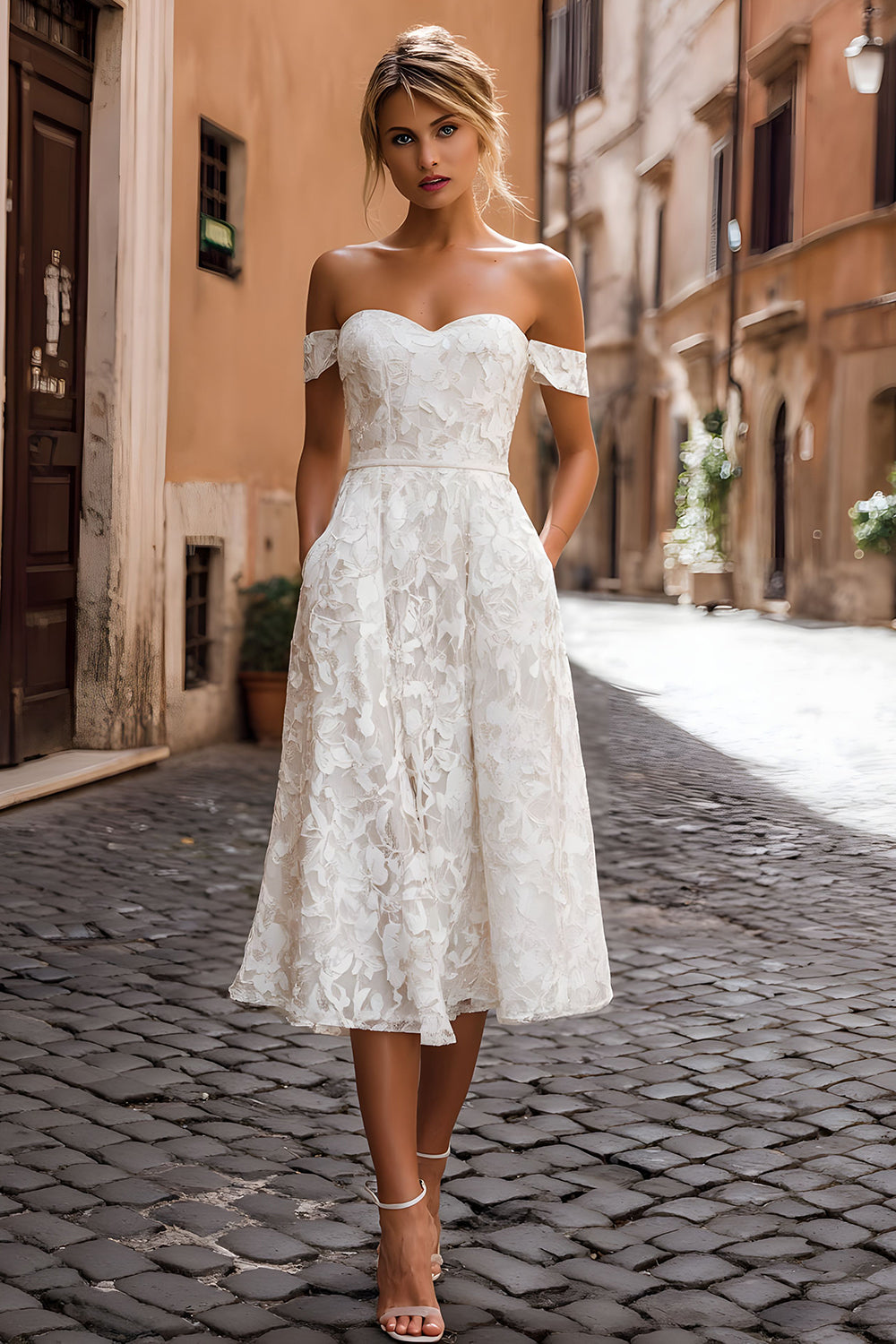 White Off the Shoulder Midi Lace Engagement Dress
