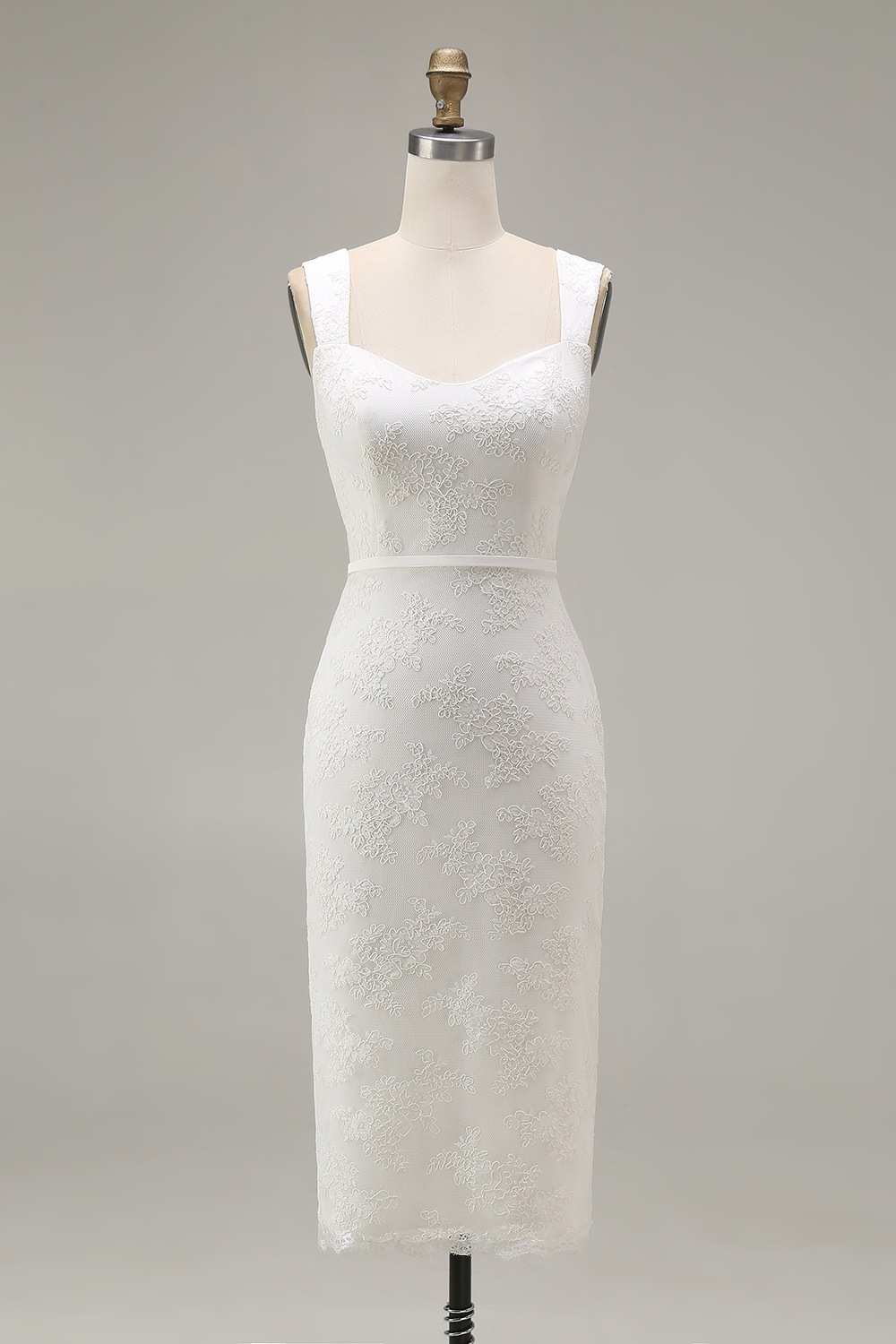 Ivory Bodycon Thick Straps Lace Midi Engagement Dress