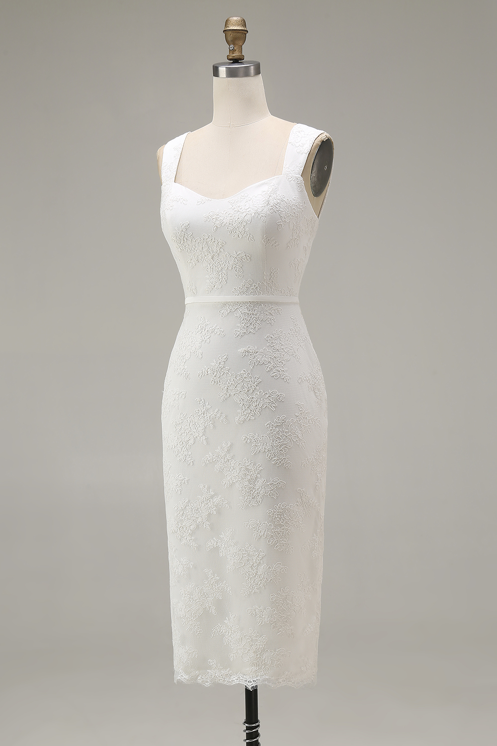 Ivory Bodycon Thick Straps Lace Midi Engagement Dress
