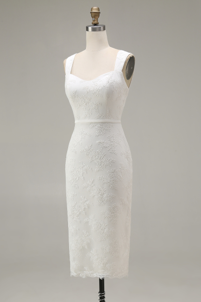 Ivory Bodycon Thick Straps Lace Midi Engagement Dress