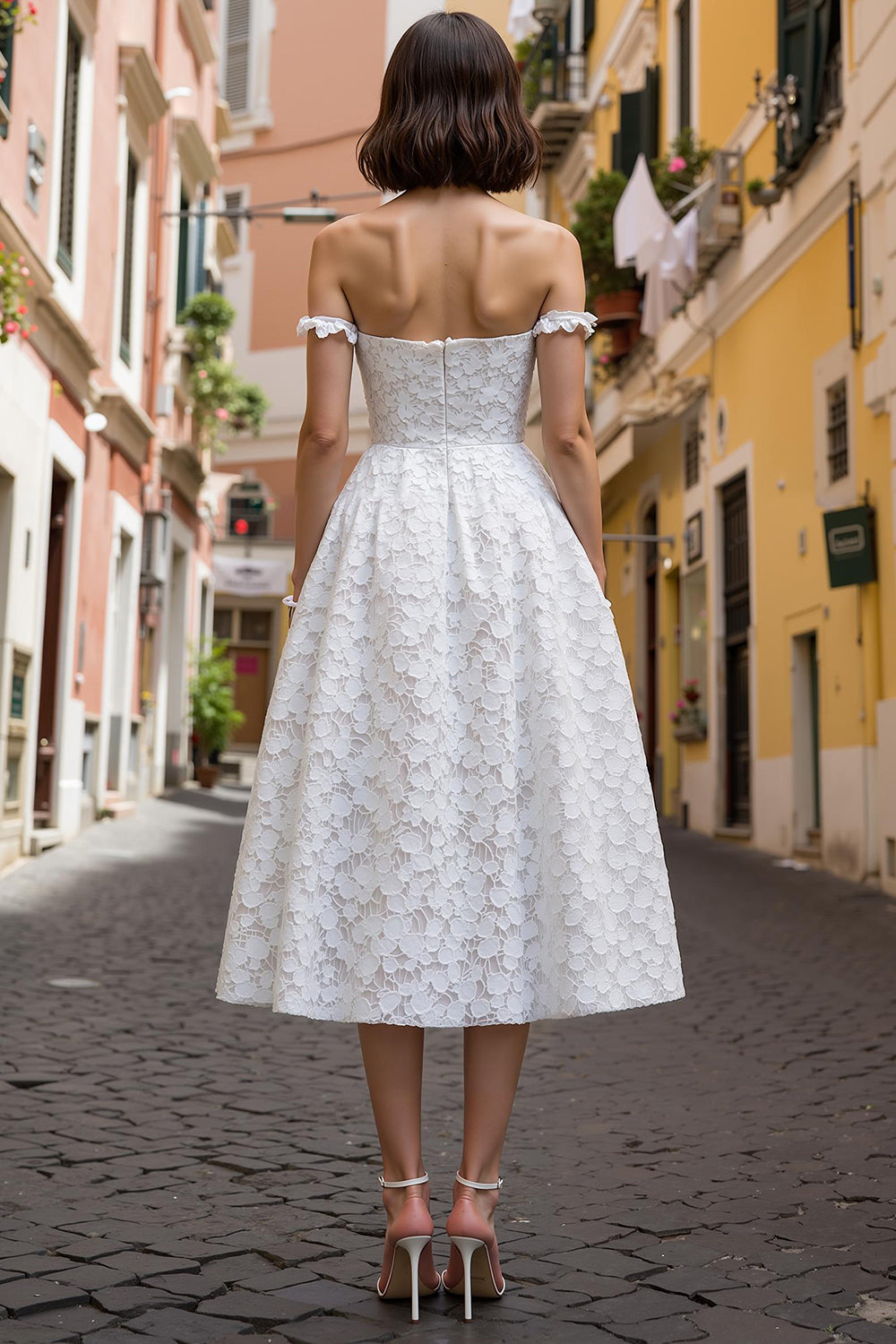 White Off the Shoulder A Line Lace Midi Engagement Dress