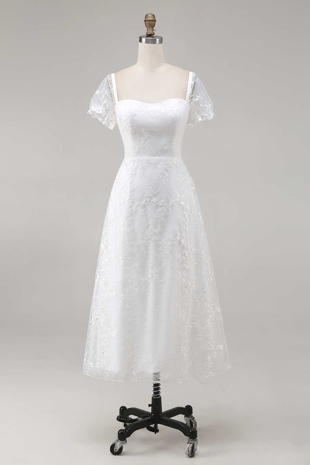 Ivory Square Neck Midi Lace Engagement Dress with Sleeves