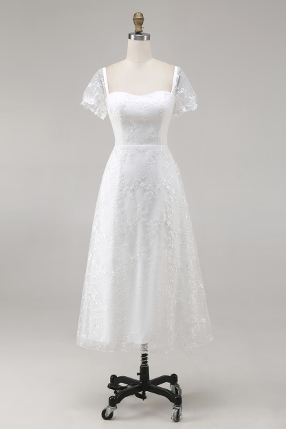 Ivory Square Neck Midi Lace Engagement Dress with Sleeves