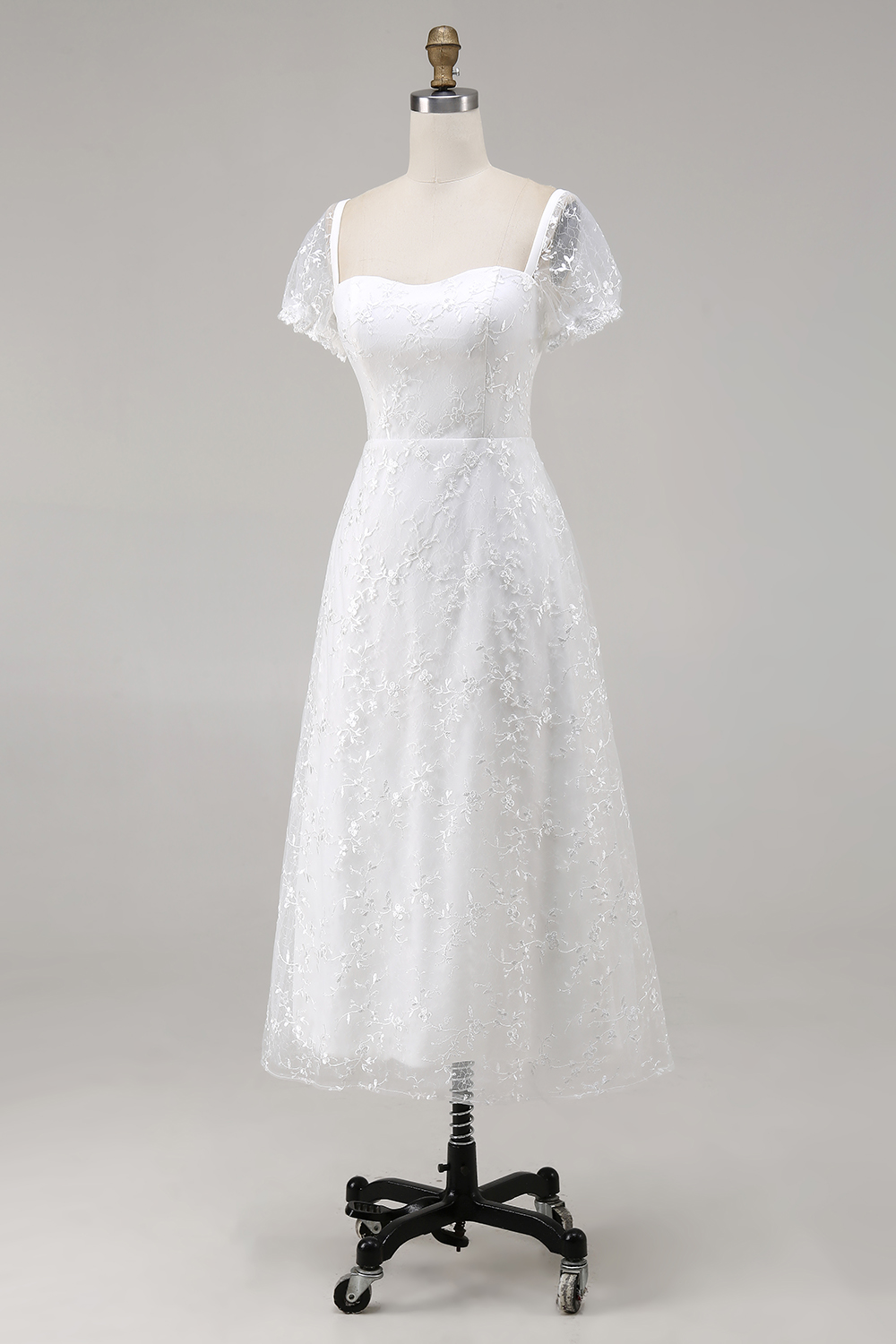 Midi Ivory Square Neck Lace Embroidered Engagement Dress with Sleeves