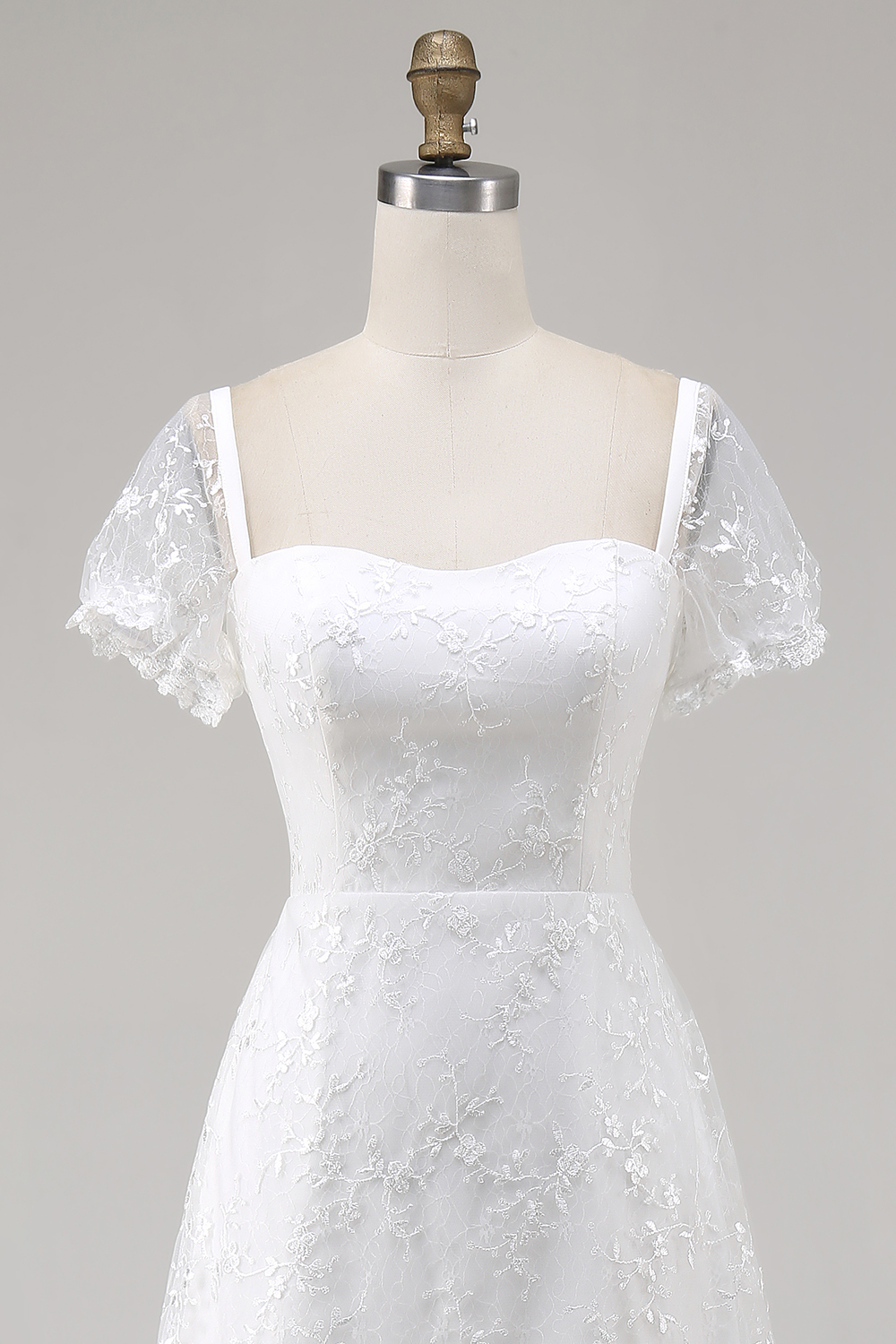 Midi Ivory Square Neck Lace Embroidered Engagement Dress with Sleeves