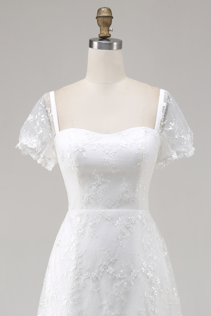 Midi Ivory Square Neck Lace Embroidered Engagement Dress with Sleeves