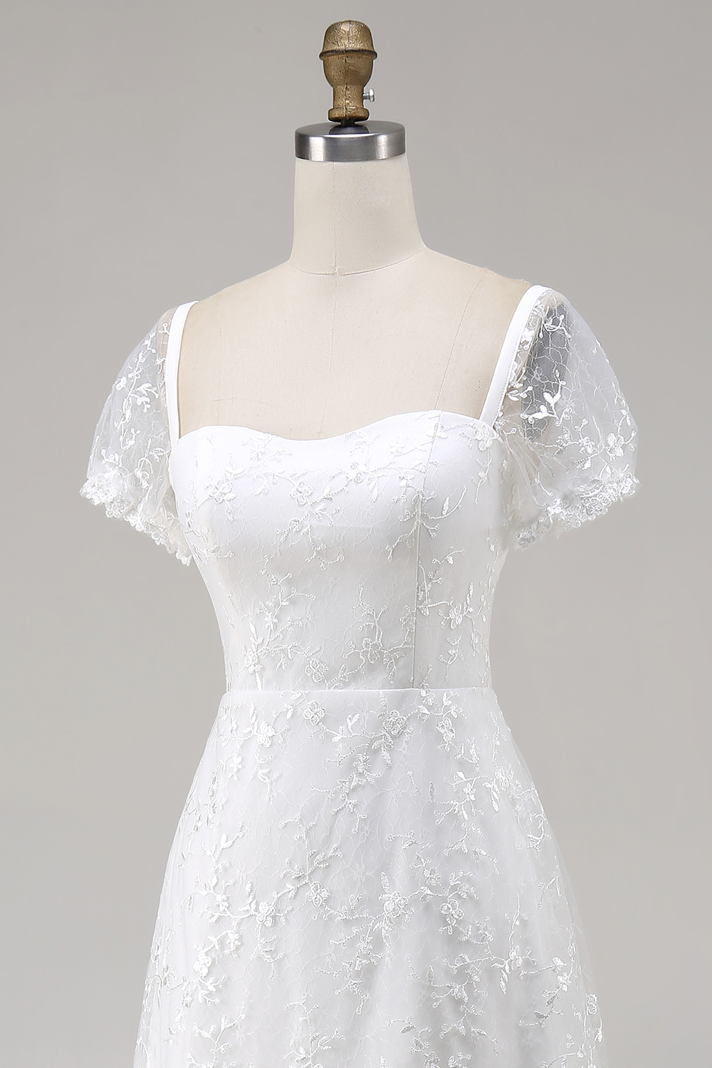 Midi Ivory Square Neck Lace Embroidered Engagement Dress with Sleeves
