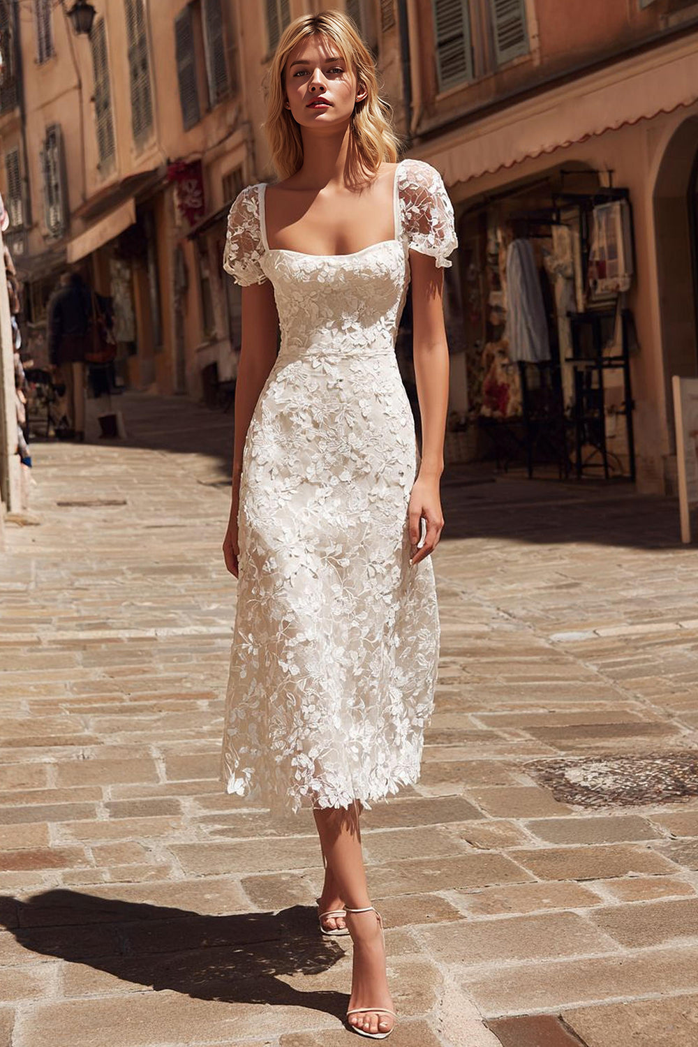 Ivory Square Neck Midi Lace Engagement Dress with Sleeves