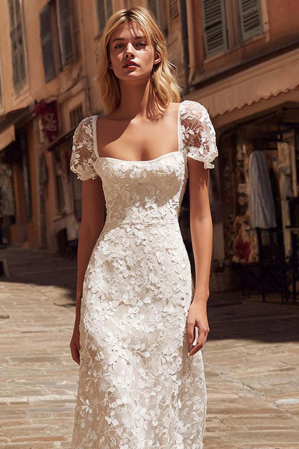 Ivory Square Neck Midi Lace Engagement Dress with Sleeves