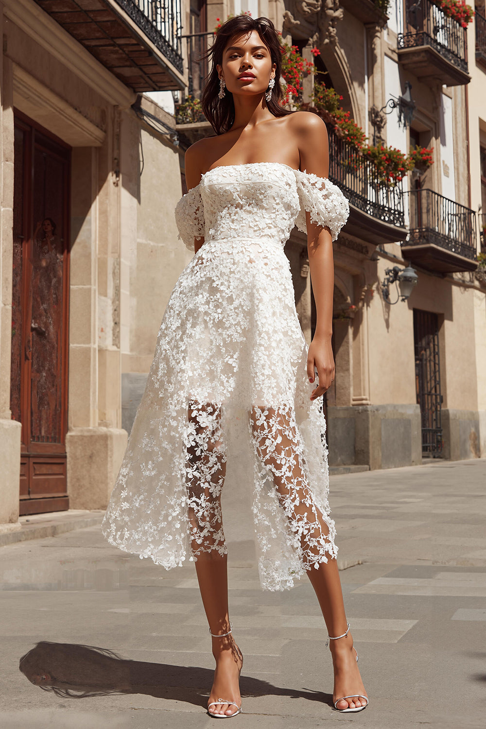Ivory A Line Lace Off the Shoulder Midi Engagement Dress
