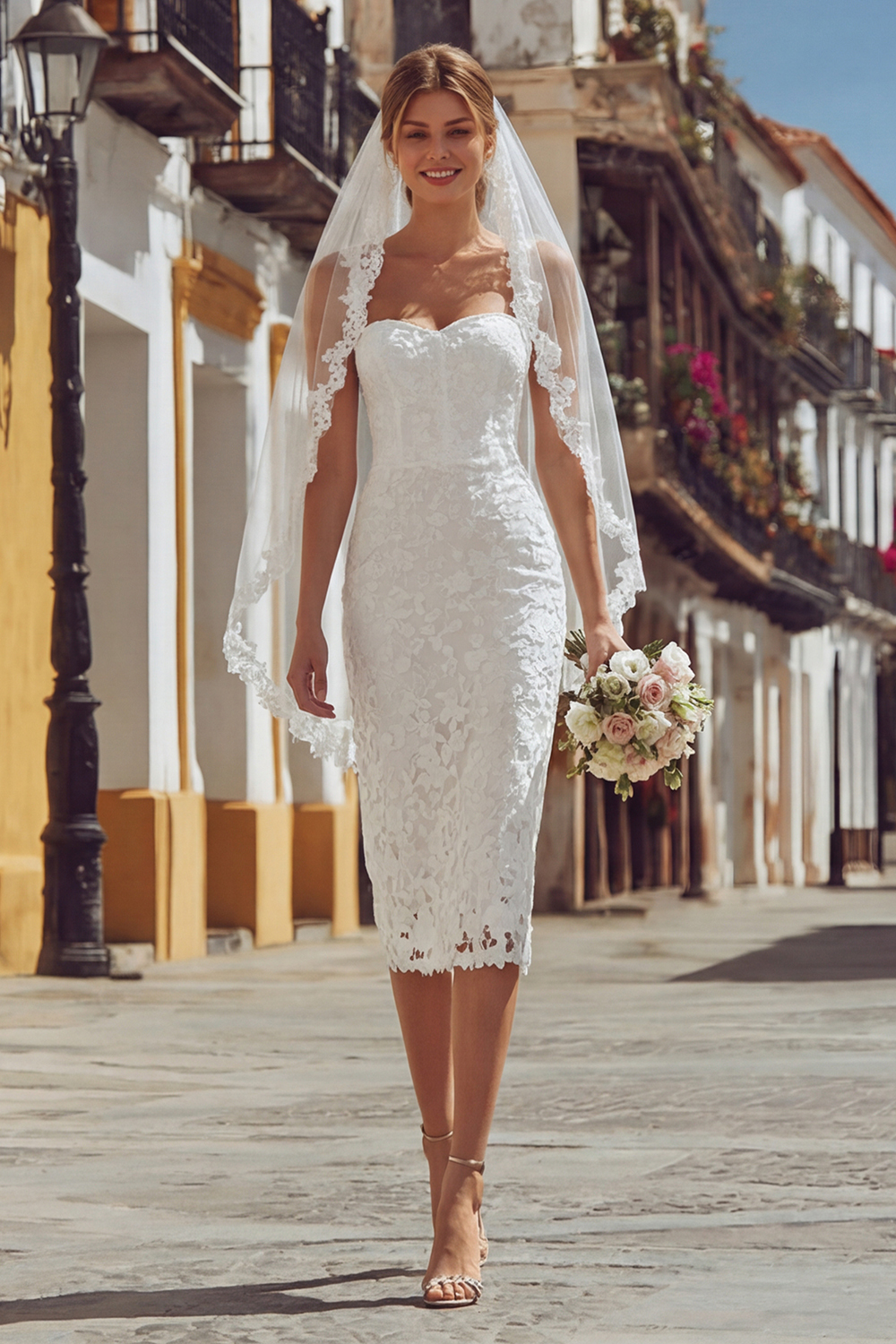 Ivory Thick Straps Lace Bodycon Midi Engagement Dress