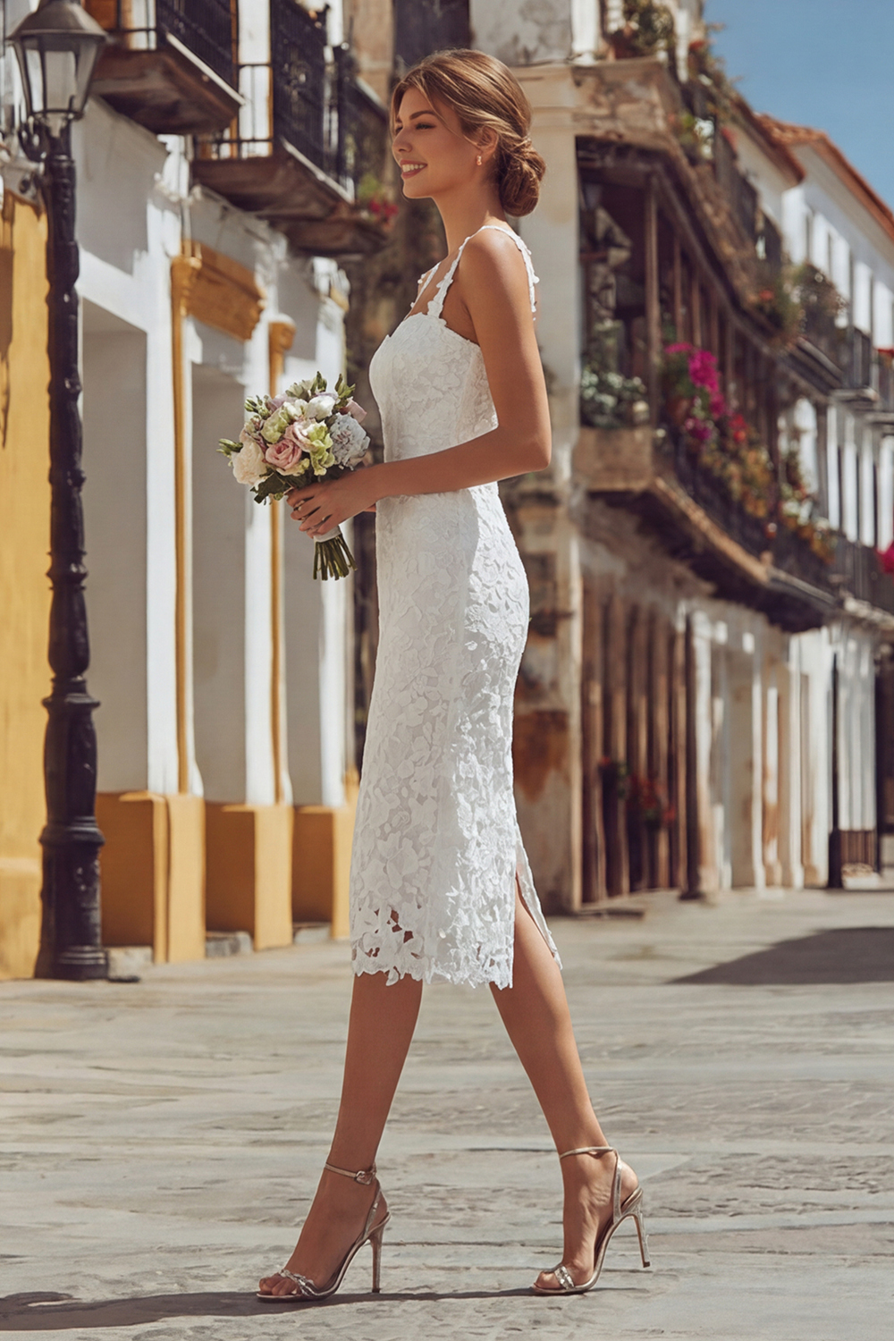 Ivory Thick Straps Lace Bodycon Midi Engagement Dress