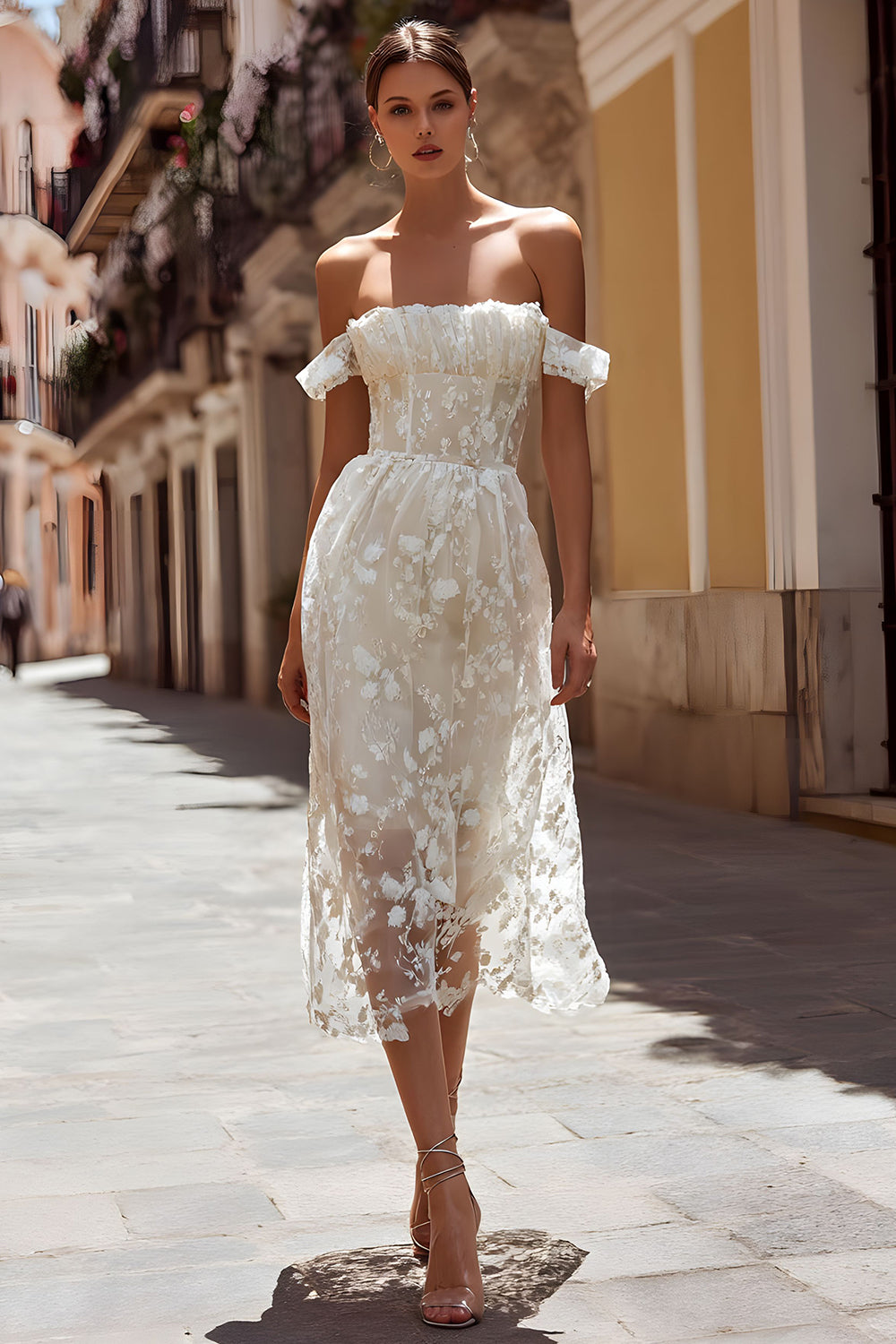 Leely Women Ivory Floral Midi Civil Wedding Dress A Line Off the Shoulder Engagement Dress