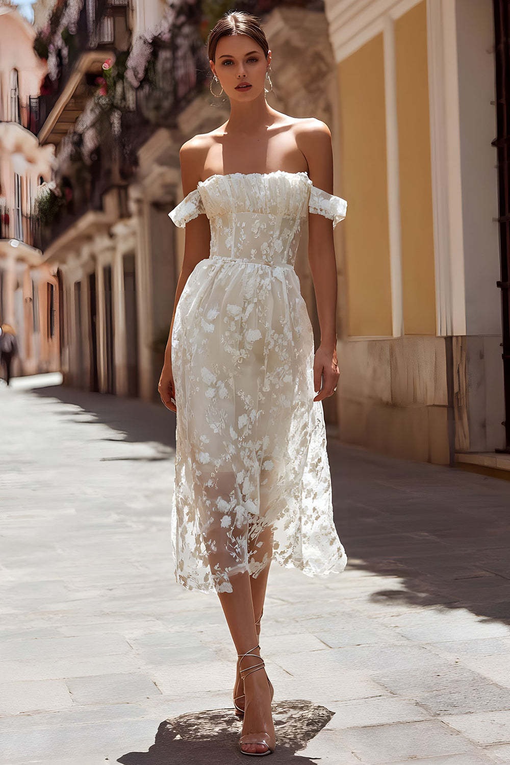Leely Women Ivory Floral Midi Civil Wedding Dress A Line Off the Shoulder Engagement Dress