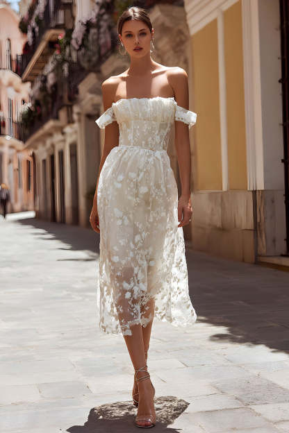 Leely Women Ivory Floral Midi Civil Wedding Dress A Line Off the Shoulder Engagement Dress
