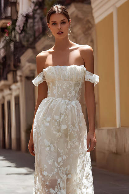 Ivory Off the Shoulder Midi Floral Wedding Dress