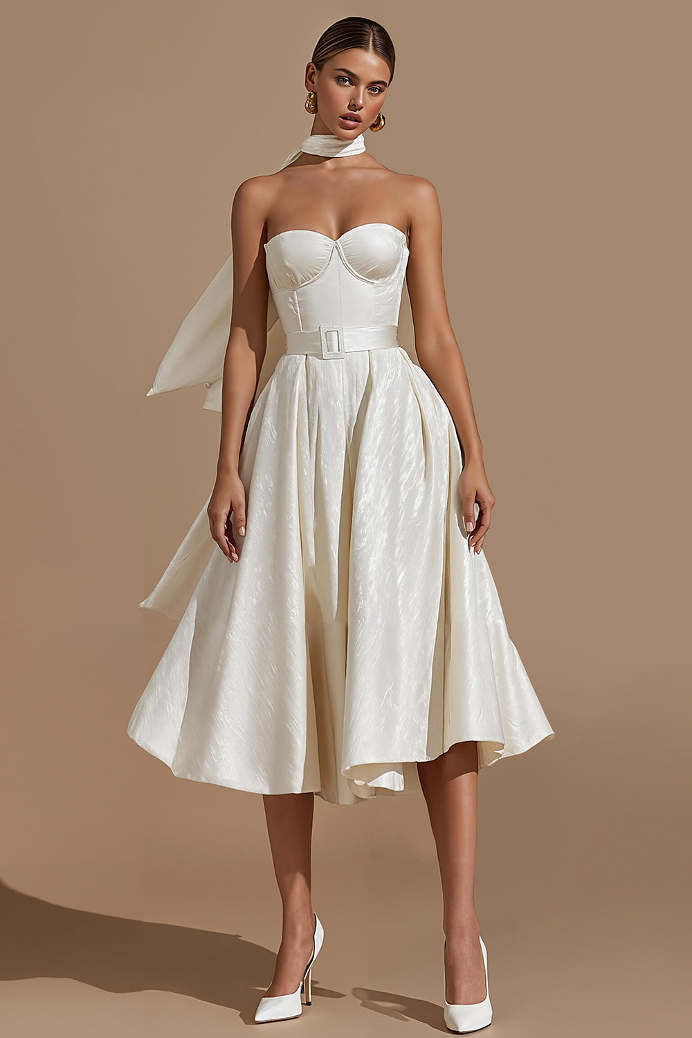 White A Line Sweetheart Midi Engagement Dress with Belt