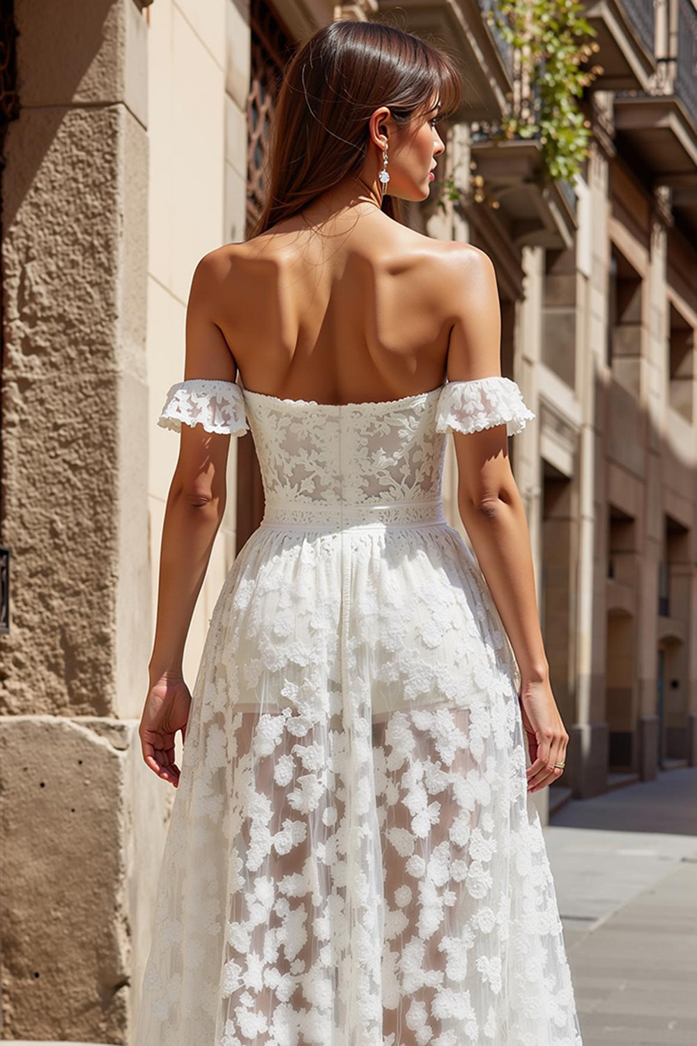 Ivory A Line Appliqued Floral Long Boho Wedding Dress
