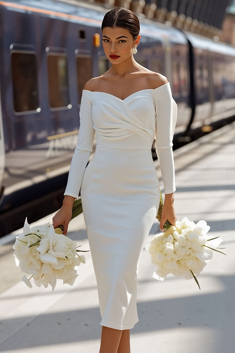White Off the Shoulder Ruched Bodycon Midi Engagement Dress with Bow