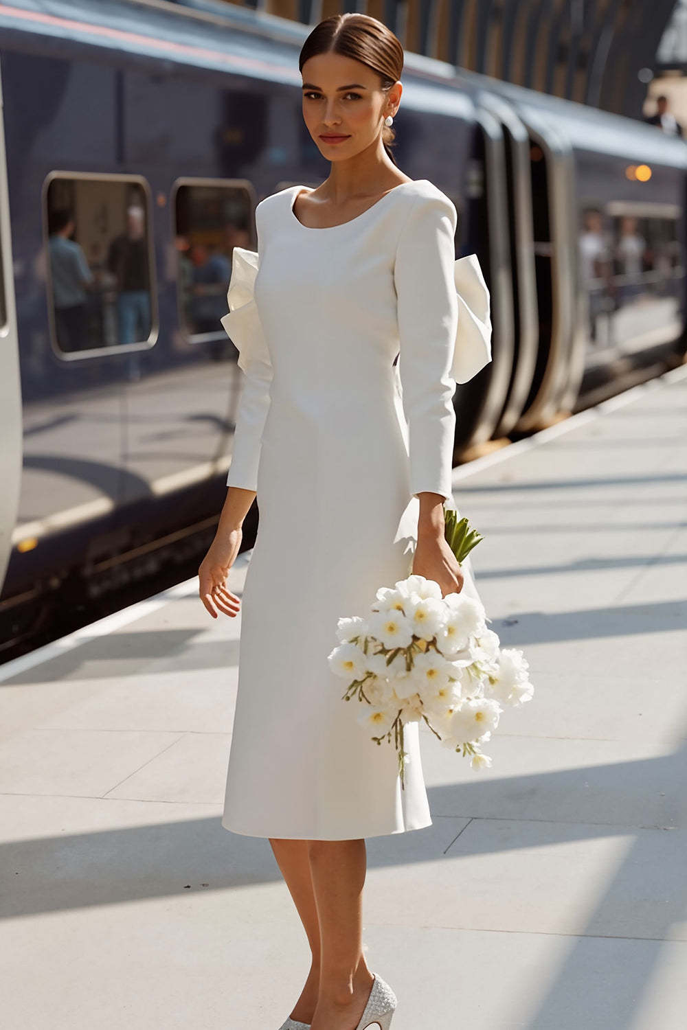 Leely Women White Midi Engagement Dress with Bow Bodycon Round Neck Long Sleeves Civil Wedding Dress