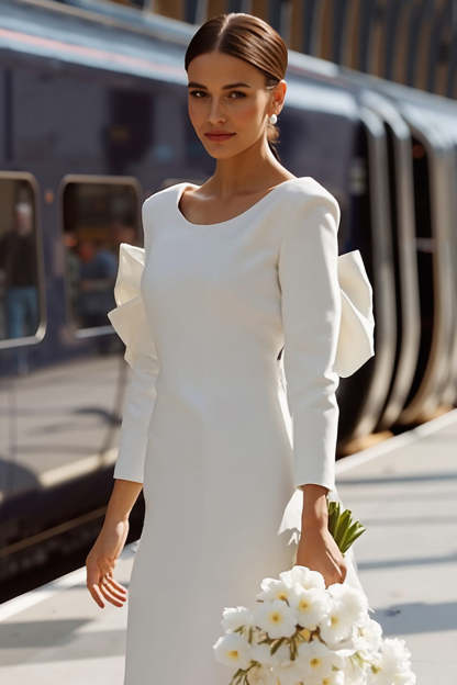 White Bodycon Round Neck Midi Engagement Dress with Bow