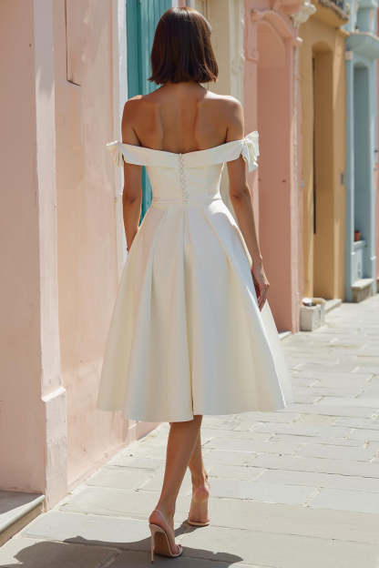 White Off the Shoulder A Line Midi Engagement Dress with Bows