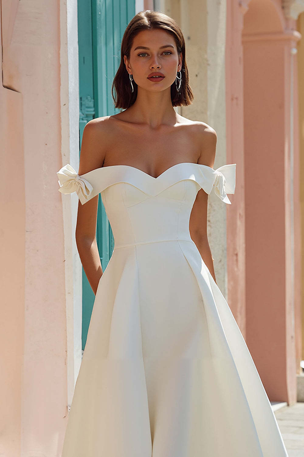 White Off the Shoulder A Line Midi Engagement Dress with Bows