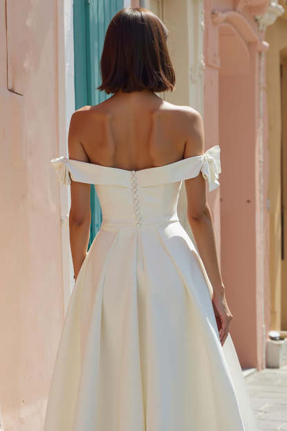 White Off the Shoulder A Line Midi Engagement Dress with Bows
