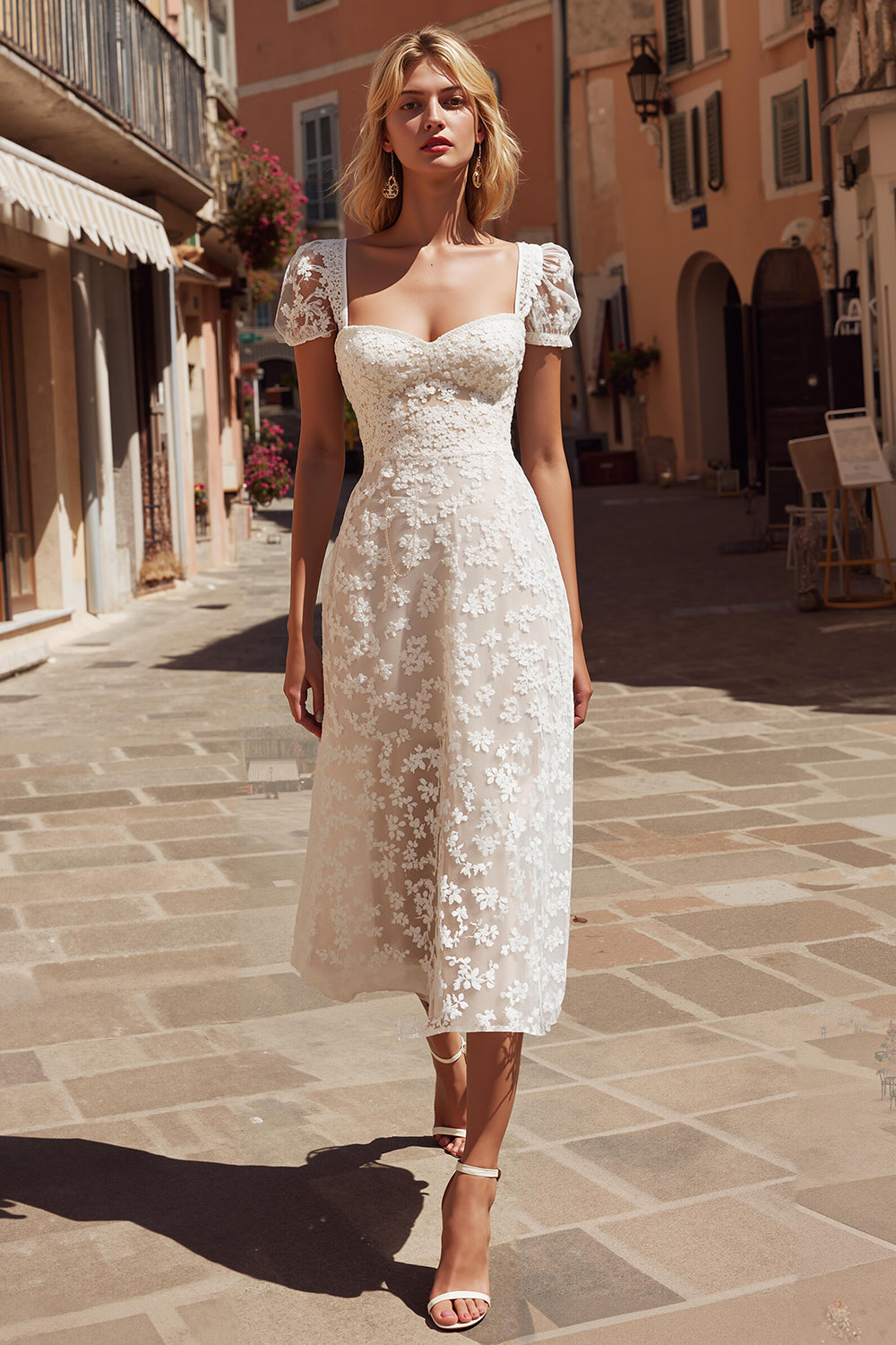 Leely Women Ivory Midi Floral Engagement Dress with Appliques A Line Boho Wedding Dress with Sleeves