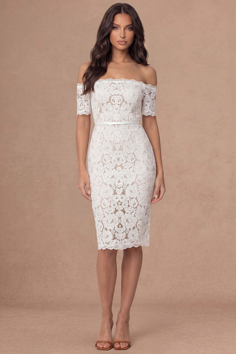 Ivory Bodycon Lace Off the Shoulder Midi Boho Engagement Dress