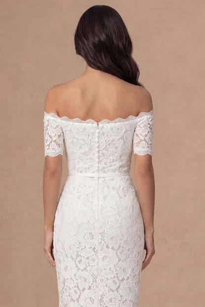Ivory Bodycon Lace Off the Shoulder Midi Boho Engagement Dress