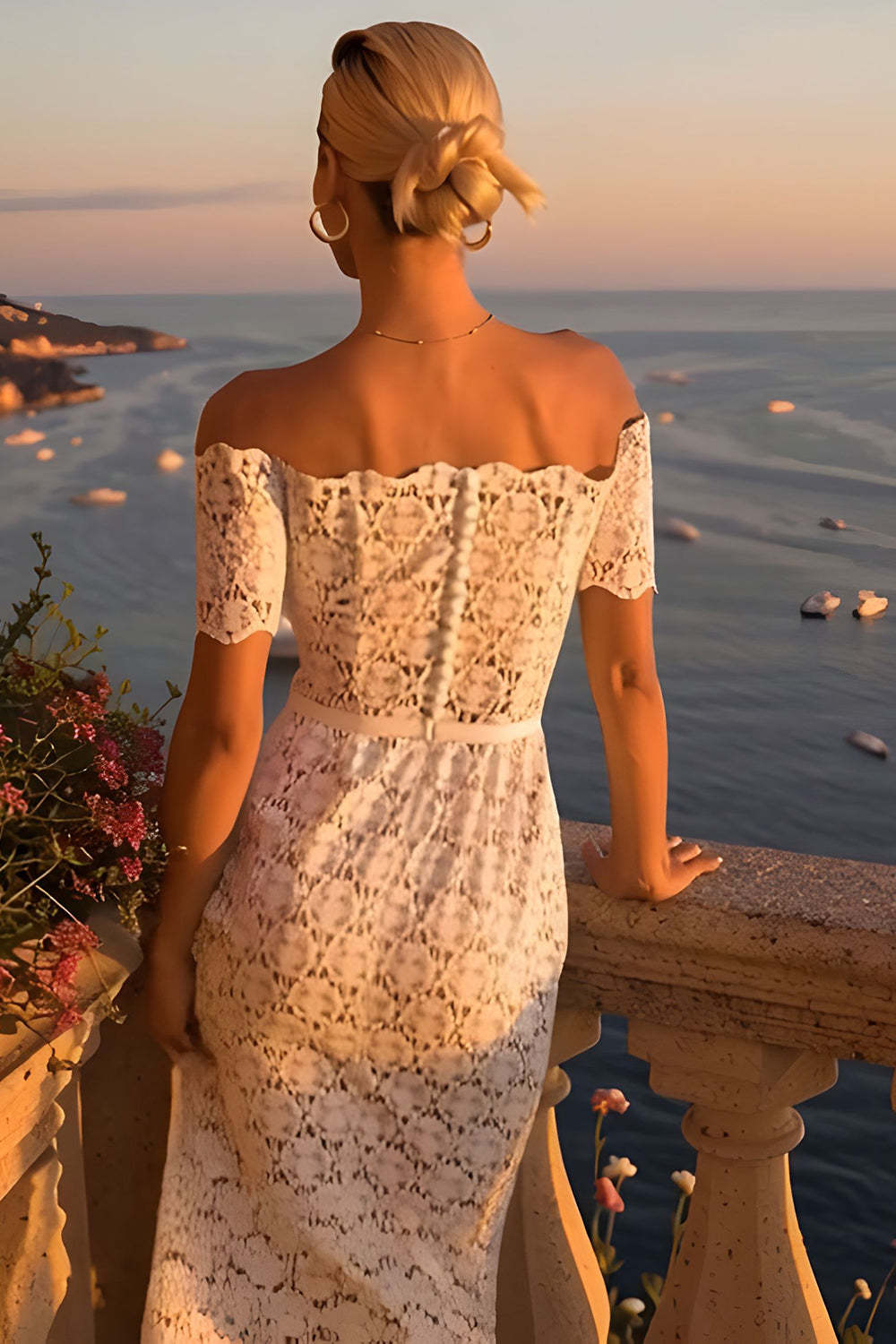 Ivory Bodycon Lace Off the Shoulder Midi Boho Engagement Dress