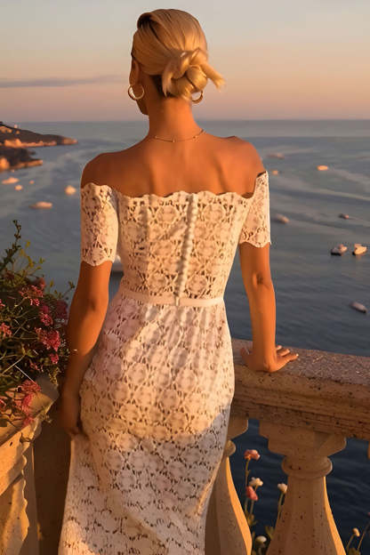 Ivory Bodycon Lace Off the Shoulder Midi Boho Engagement Dress