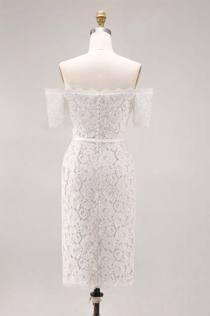 Ivory Bodycon Lace Off the Shoulder Midi Boho Engagement Dress