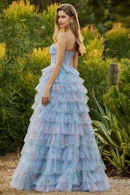 Floral Blue Ruffled Princess Tiered Chiffon Long Corset Prom Dress with Slit