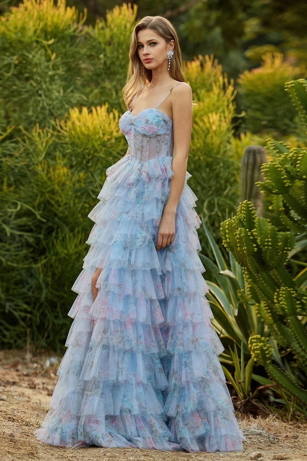 Floral Blue Ruffled Princess Tiered Chiffon Long Corset Prom Dress with Slit