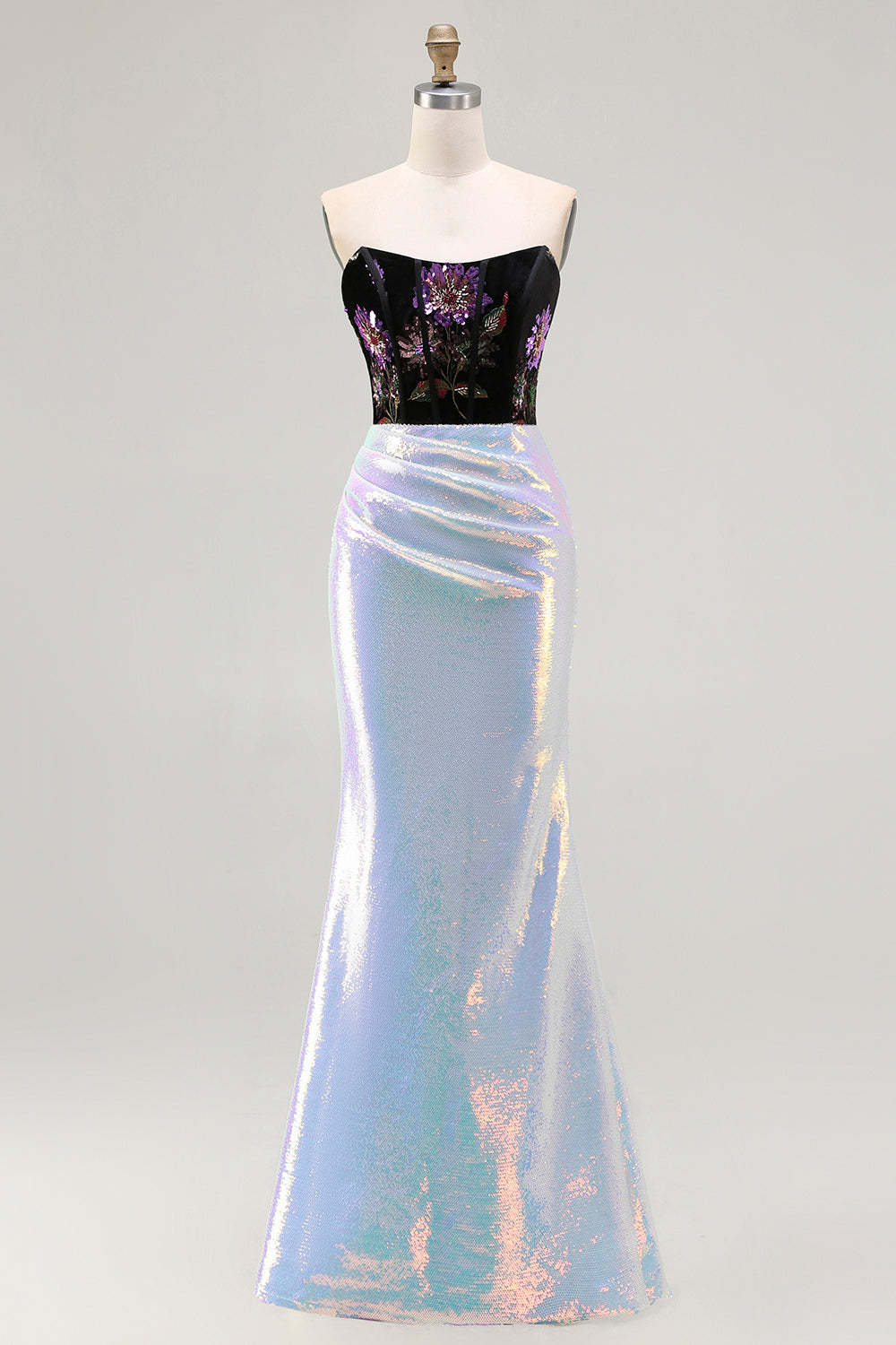 Leely Women Sparkly Black Lilac Floral Corset Long Prom Dress Glitter Mermaid Strapless Backless Formal Dress