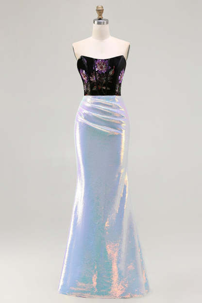 Leely Women Sparkly Black Lilac Floral Corset Long Prom Dress Glitter Mermaid Strapless Backless Formal Dress