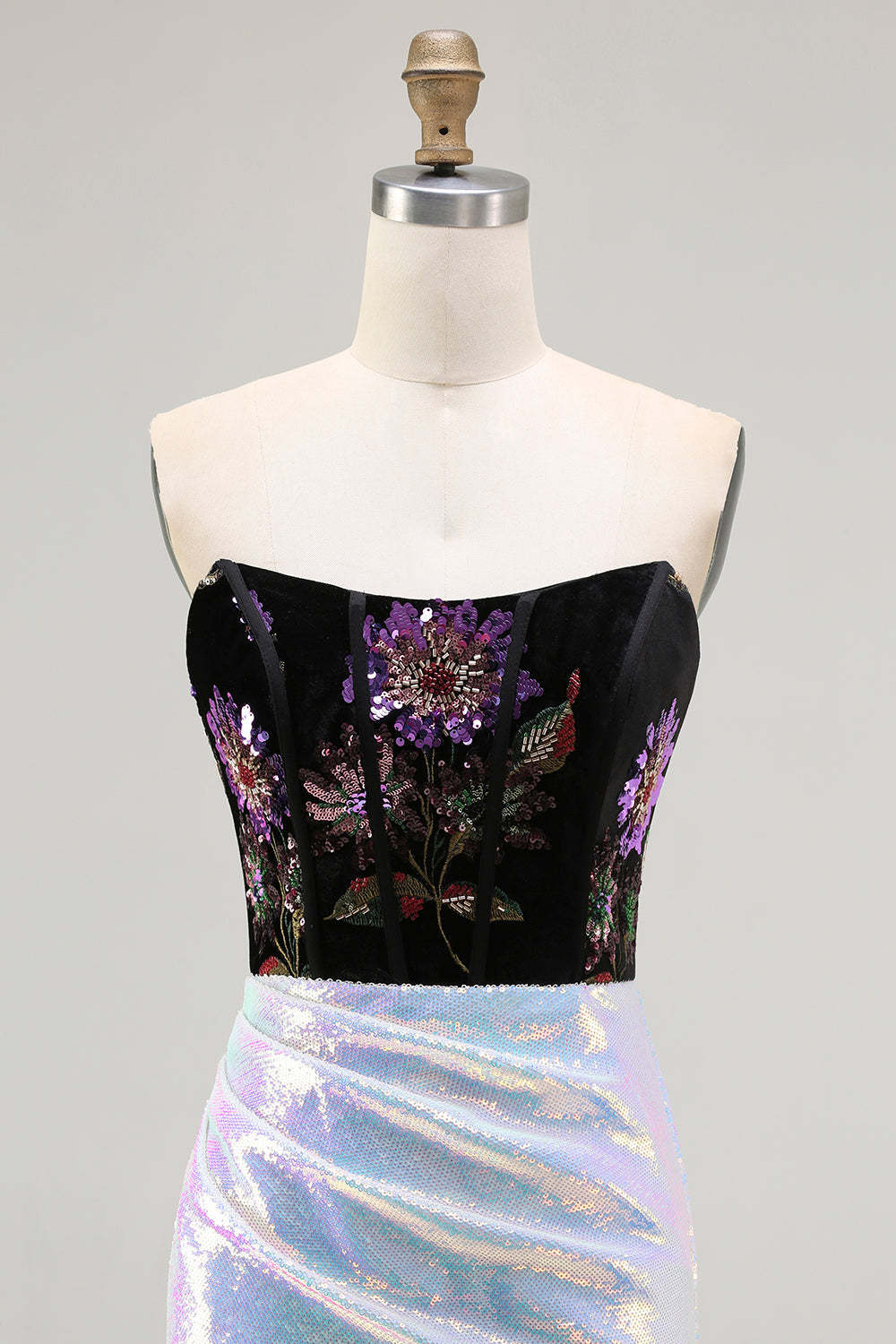 Black Lilac Floral Corset Mermaid Glitter Long Prom Dress