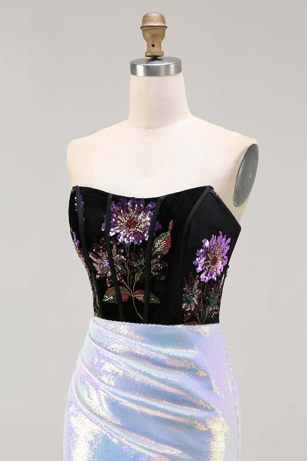Black Lilac Floral Corset Mermaid Glitter Long Prom Dress