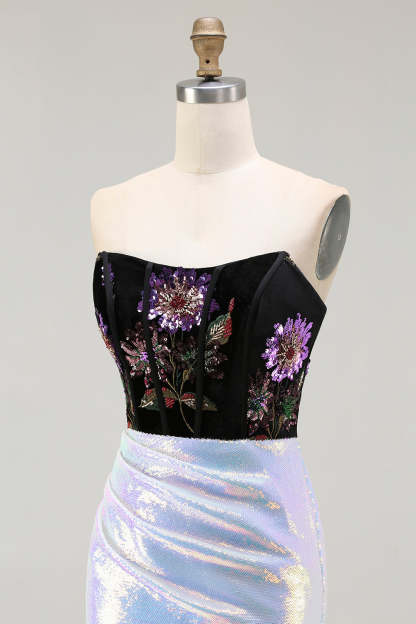 Black Lilac Floral Corset Mermaid Glitter Long Prom Dress