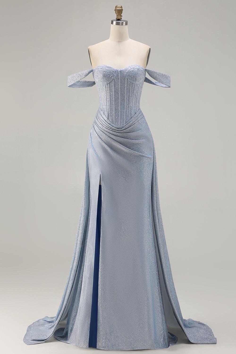 Dusty Blue Ruched Off the Shoulder Long Corset Prom Dress with Slit