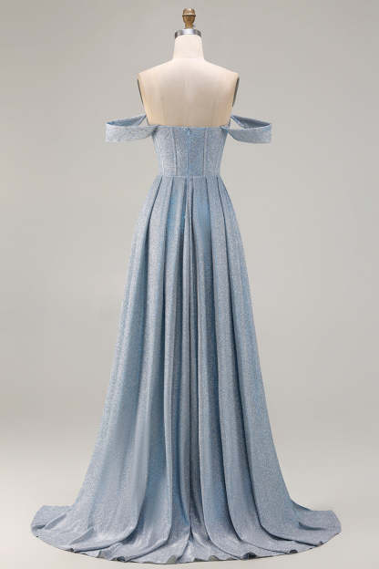 Dusty Blue Ruched Off the Shoulder Long Corset Prom Dress with Slit
