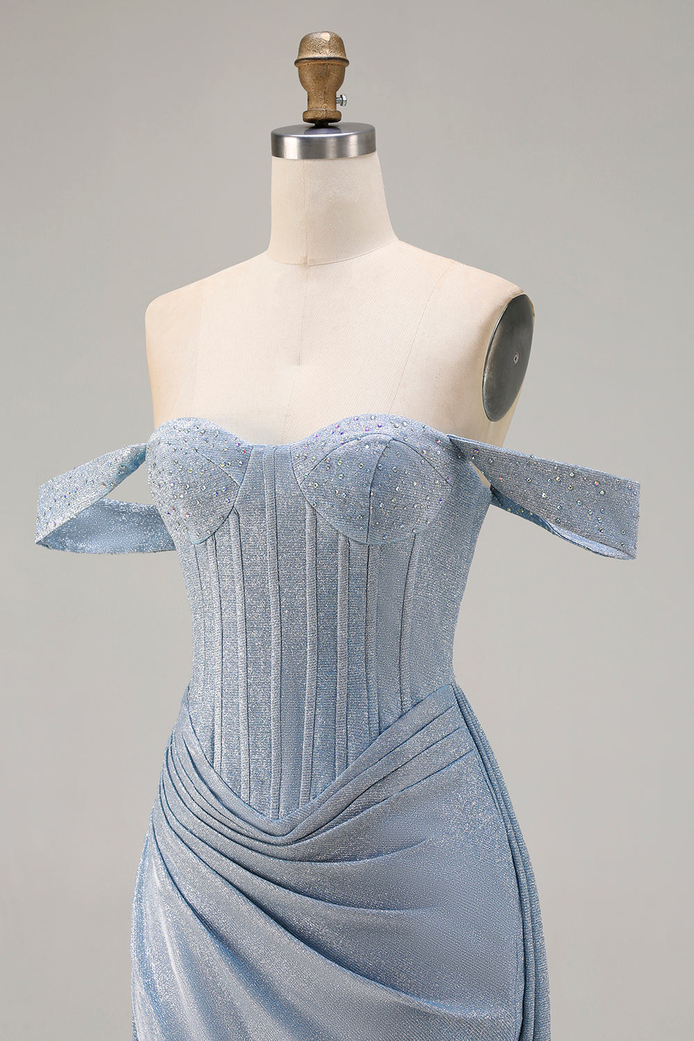 Dusty Blue Ruched Off the Shoulder Long Corset Prom Dress with Slit