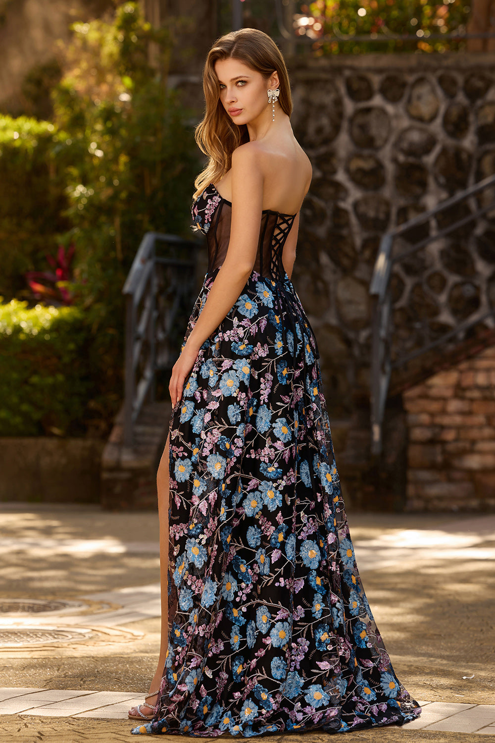 Floral Black Strapless A Line Maxi Corset Prom Dress with Slit
